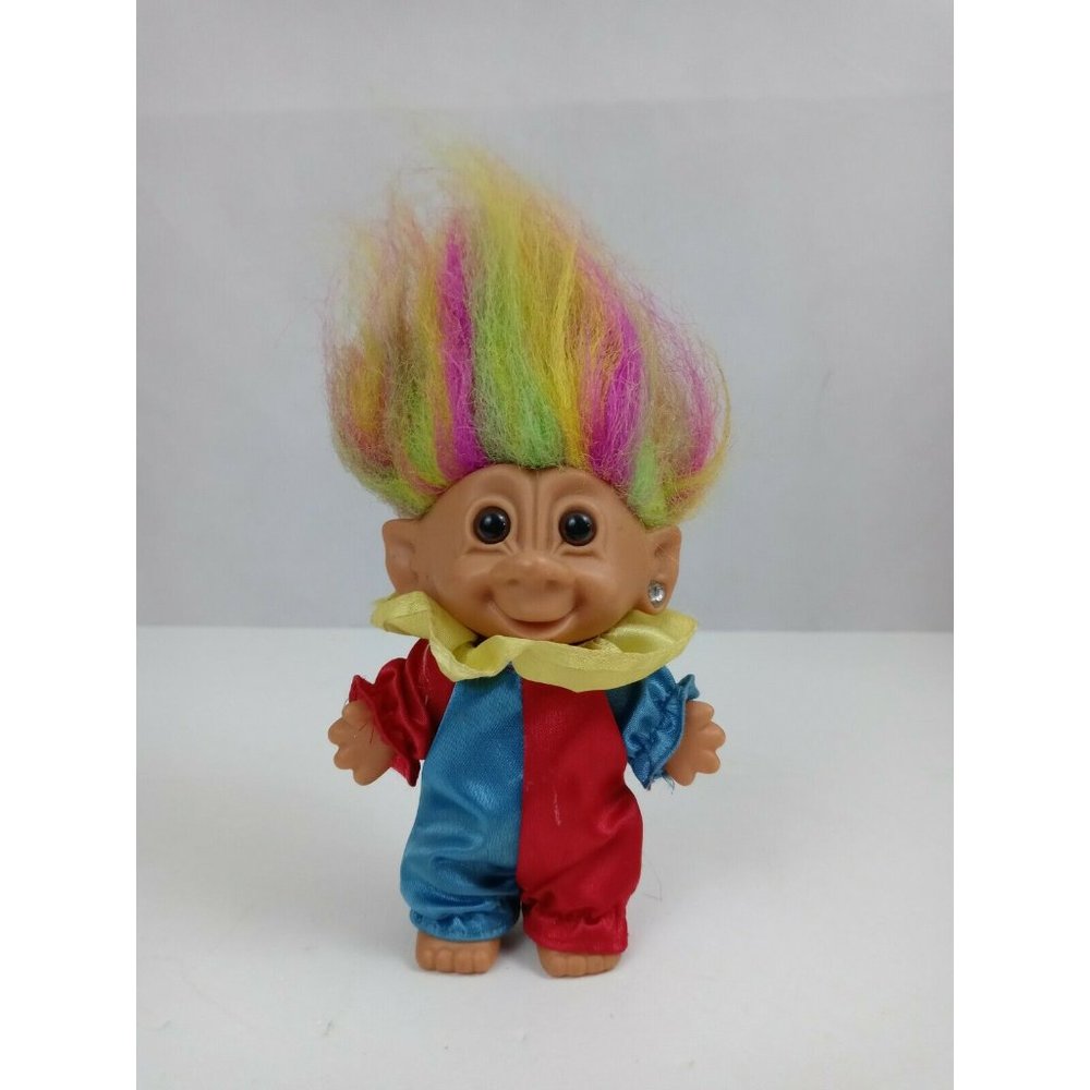 Vintage Bright of America 4.5" Troll Doll With Rainbow Hair & Clown Suit